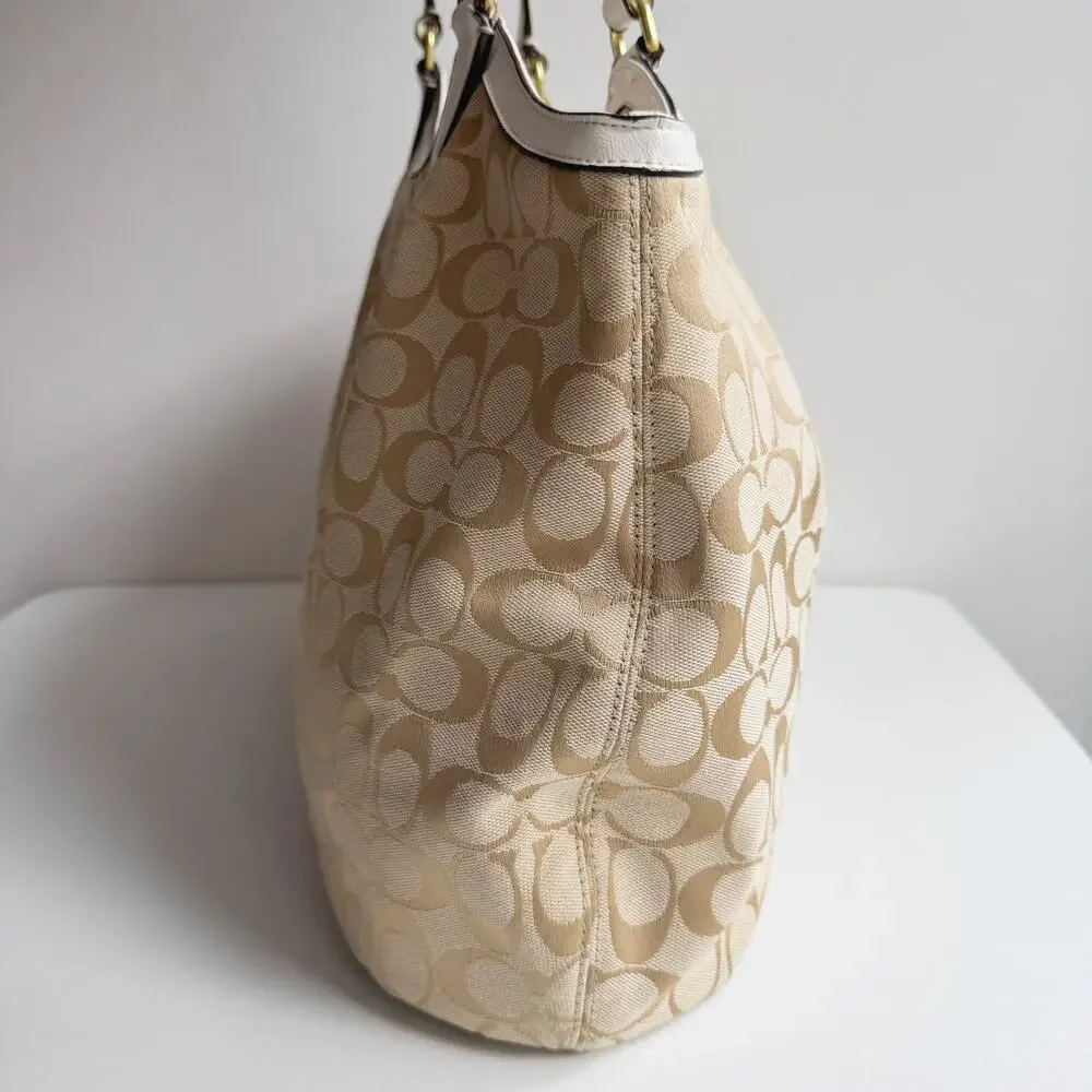 Coach Signature Monogram Satin Stripe Tan Canvas White Leather Devin Bag